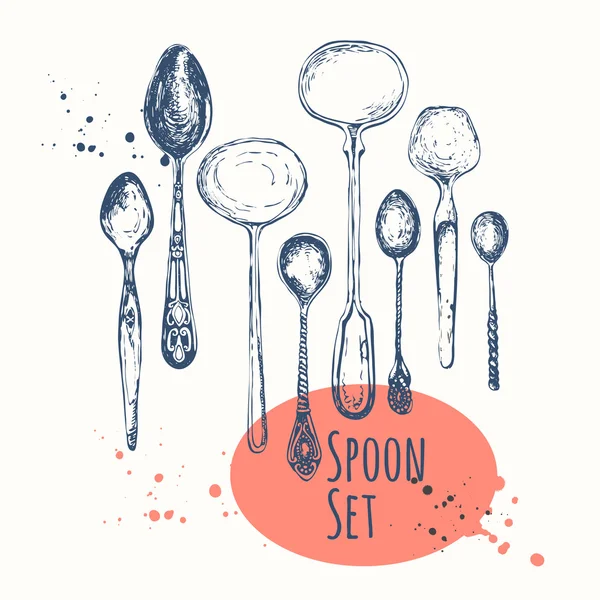 Set of hand drawn spoons. Black and white sketch cutlery. — Stok Vektör