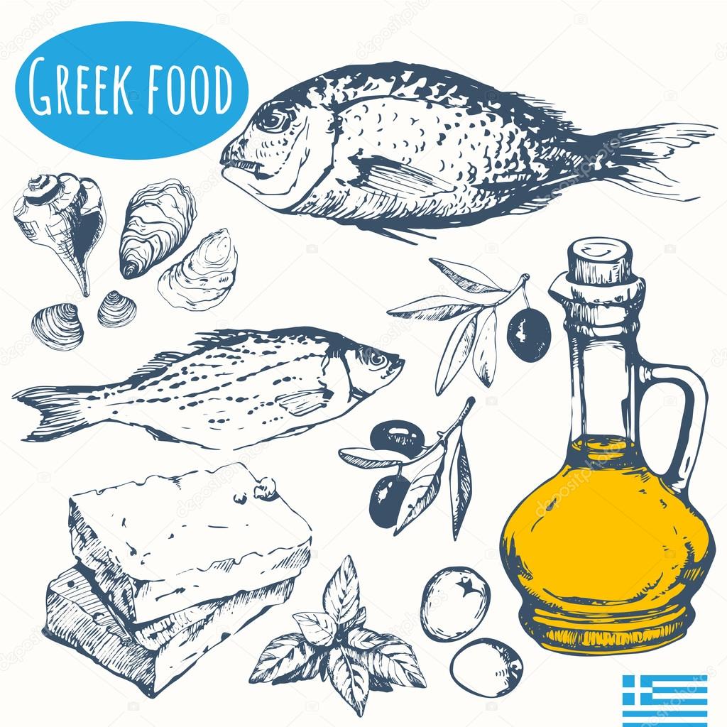 Greek food in the sketch style. Mediterranean traditional products.