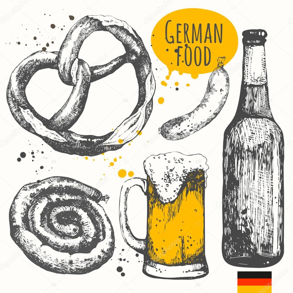 German food in the sketch style. European traditional products.