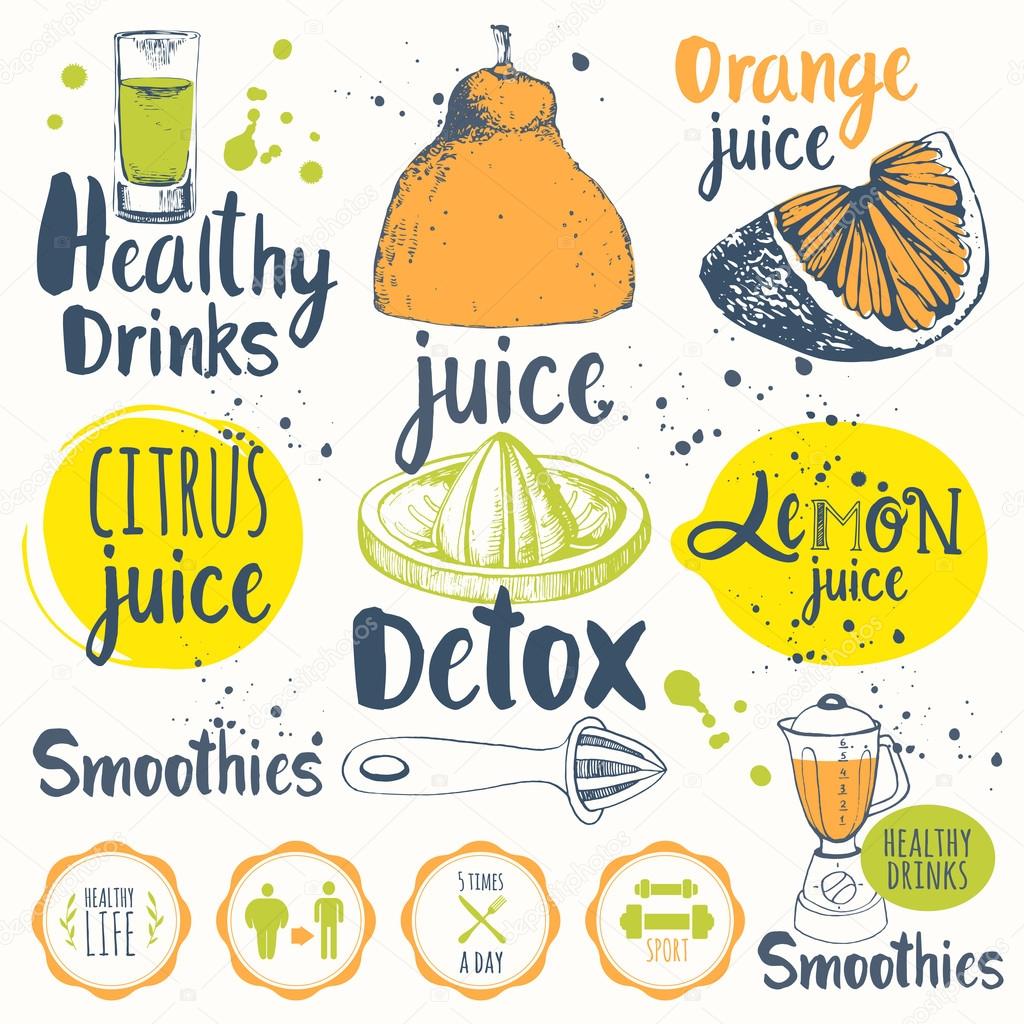 Vector funny illustration with lemonade, drinks and kitchen equipment. Detox.
