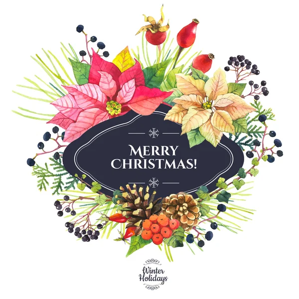 Illustratie met aquarel bloemen. Vrolijk kerstfeest. — Stockfoto