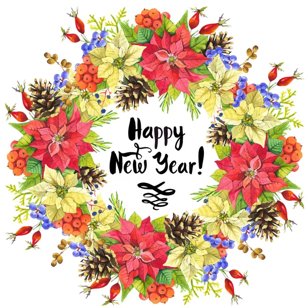 Illustration with watercolor floral wreath. Happy new year. — Stock Photo, Image