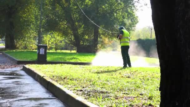 Italy Circa 2019 Man Uniform Disinfecting Streets Covid Prevention — Stock Video