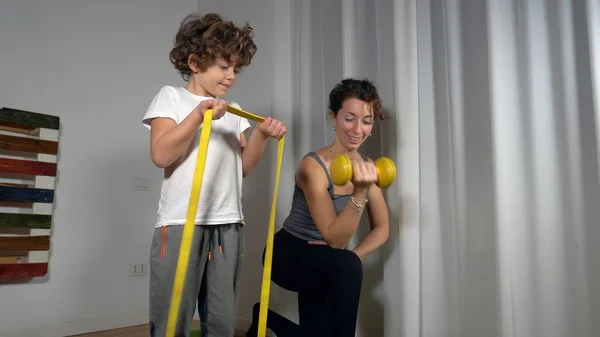 Lady Girl Caucasian Mother Son Years Old Gym Yoga Meditation — Stock Photo, Image