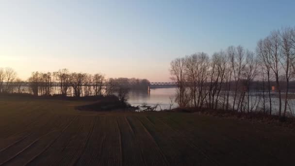 Feld Morgennebel Mit Fluss — Stockvideo