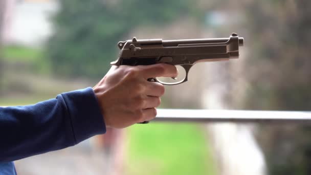 Footage Male Hand Holding Pistol Finger Trigger — Stock Video