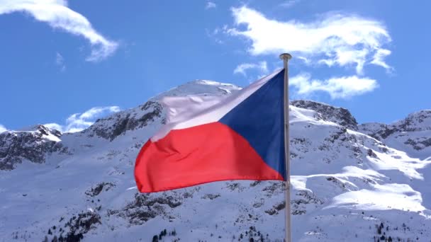 Czech Republic Flag Wind Mountain Background Landscape Snow Blue Sky — Stock Video