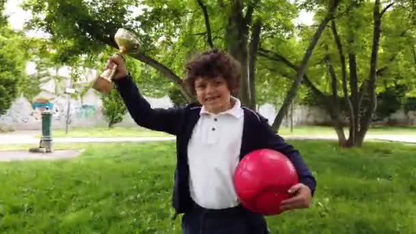 Πλάνα Year Old Αγόρι Κερδίζει Ένα Κύπελλο Παίζοντας Ποδόσφαιρο Αθλητισμού — Αρχείο Βίντεο
