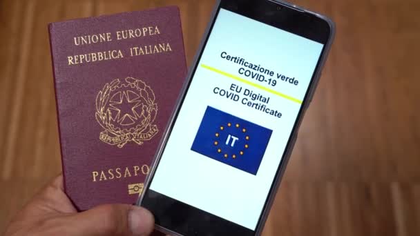 Viaggiatore Casa Fare Bagagli Controllare Passaporto Europeo Green Pass Certificazione — Video Stock