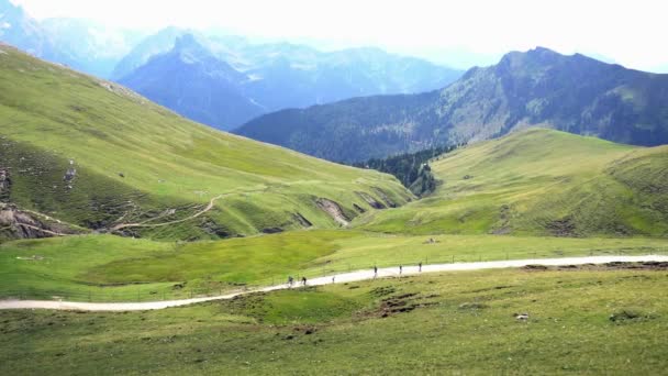 ヨーロッパ イタリア トレンティーノ ドロミテ山脈2021年8月 フリードリヒ8月の避難所 ロデラのヤクの場所を歩くとトレッキング — ストック動画