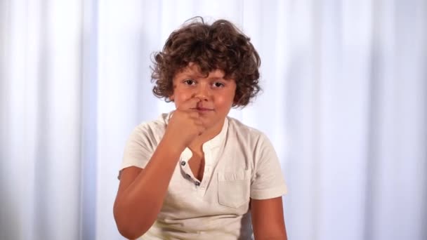 Funny Year Old Boy Picks His Nose Childlike Behavior Typical — Stock Video