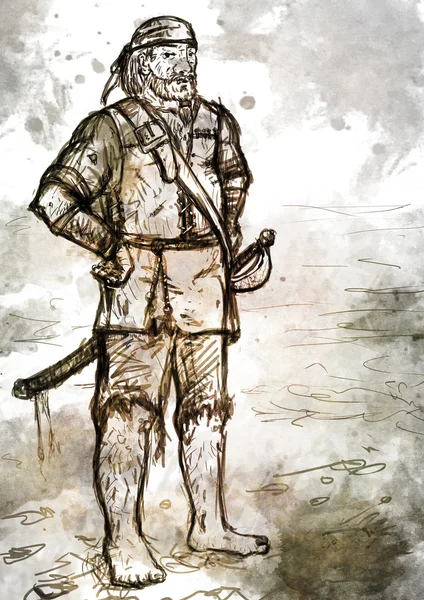 Drawing of Old Armed Pirate with Sword — Stock Photo, Image