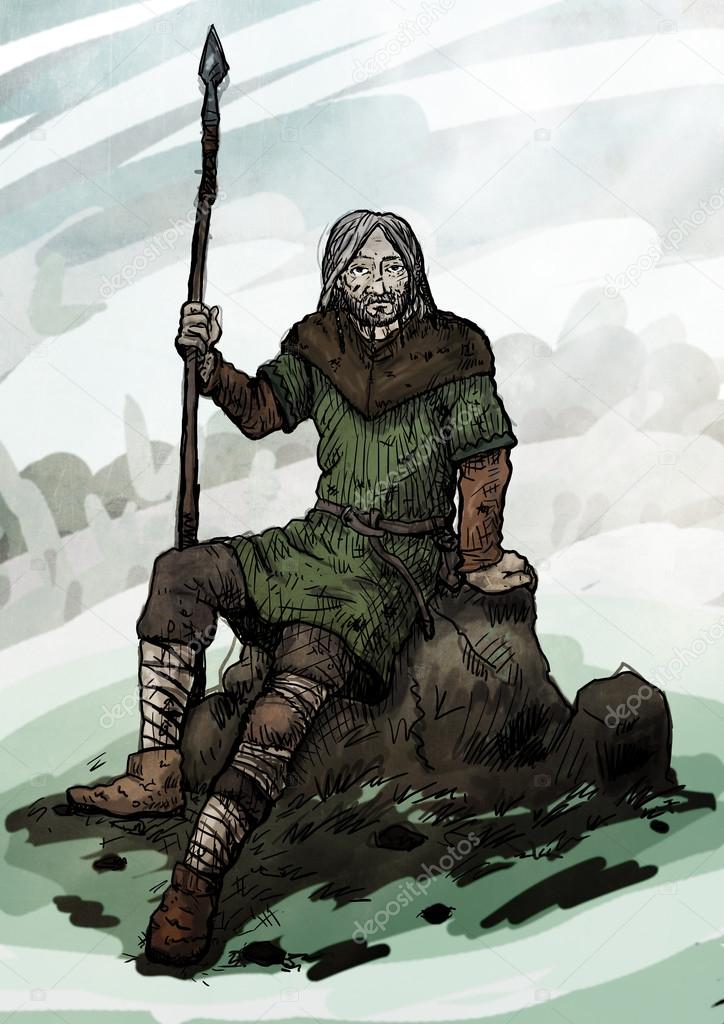 Old viking sitting on a rock