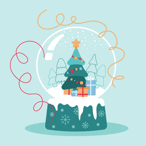 Kar ve kar taneleri ile top içinde hediyelerle Noel ağacının vektör rengi çizimi