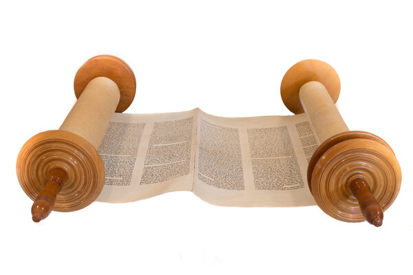 The Hebrew handwritten Torah scroll. Front view, isolated on white