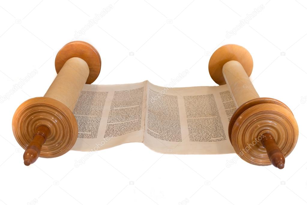 The Hebrew handwritten Torah scroll. Front view, isolated on white