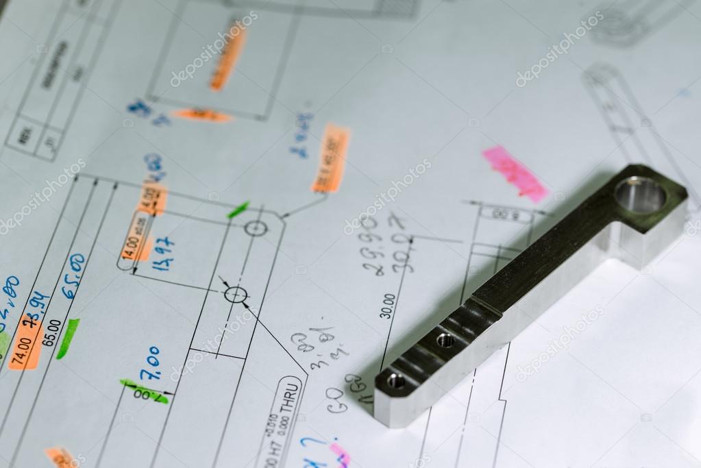 Ready CNC metal detail on technical drawing sketch with measures 