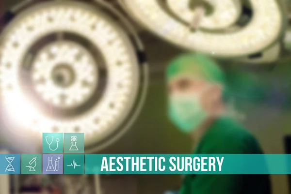 Aesthetic surgery text medical concept image with icons and doctors on background — 스톡 사진