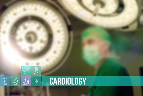 Cardiology medical concept image with icons and doctors on background — 图库照片
