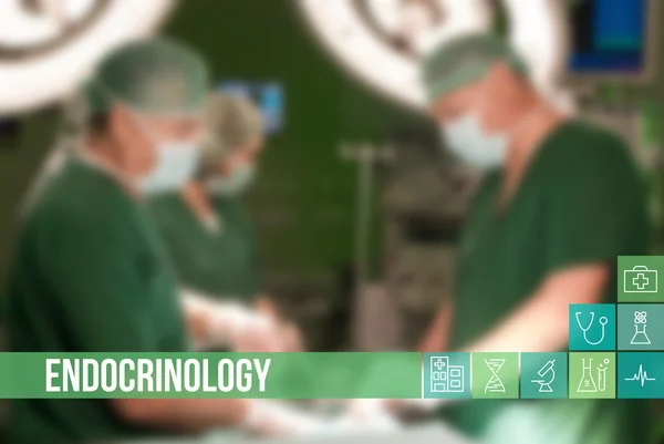 Endokrinologia lääketieteellinen konsepti kuva kuvakkeet ja lääkärit taustalla — kuvapankkivalokuva