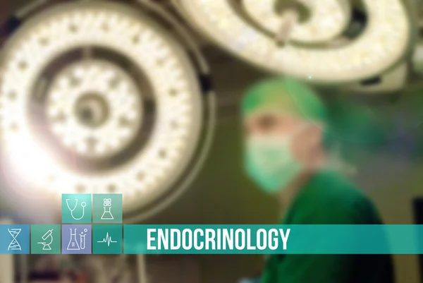 Endocrinology medical concept image with icons and doctors on background — Stok fotoğraf