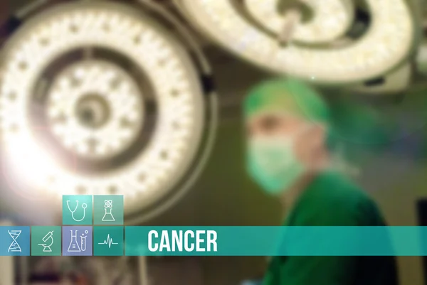 Image de concept médical de cancer avec des icônes et des médecins sur fond Photos De Stock Libres De Droits