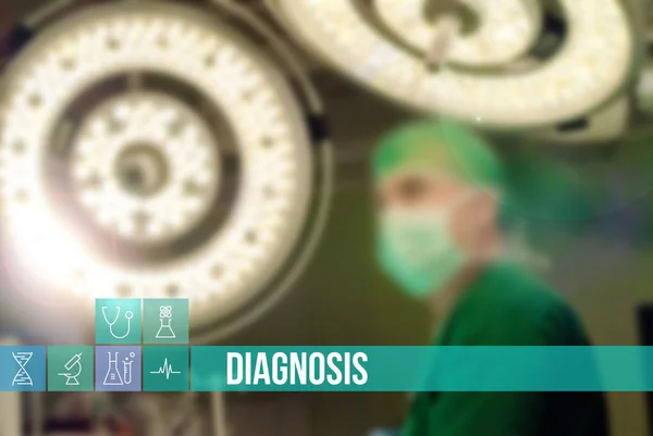 Diagnose medizinisches Konzeptbild mit Symbolen und Ärzten im Hintergrund lizenzfreie Stockbilder