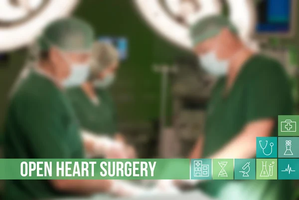 Imagen de concepto médico de cirugía a corazón abierto con iconos y médicos en segundo plano —  Fotos de Stock
