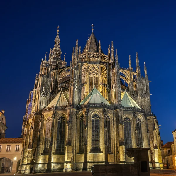 Praagse burcht. Nacht fotografie Vitus kathedraal. — Stockfoto