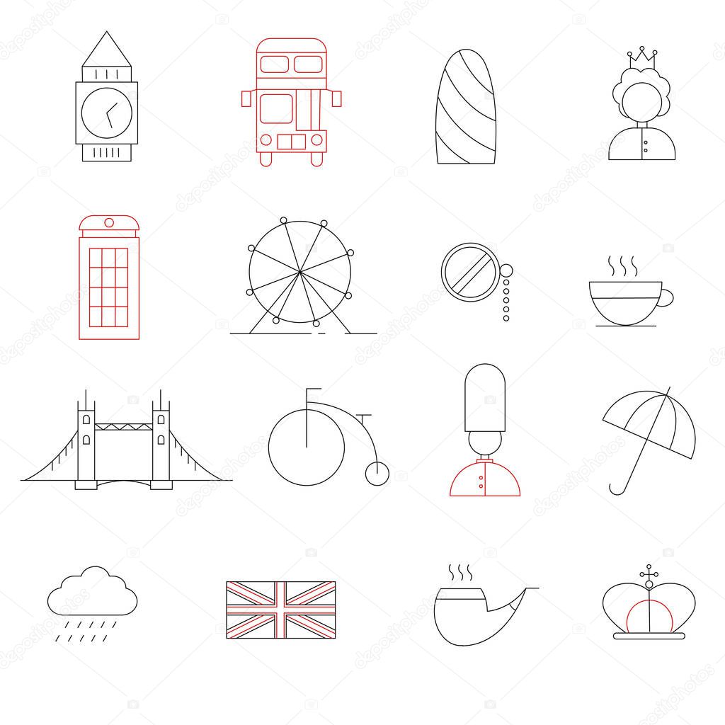 A set of London attractions icons. England symbols outline. UI. Mobile app elements. Isolated on white.