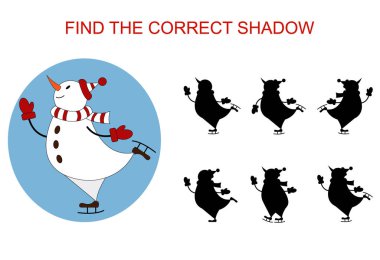  Doğru gölgeyi bul. Eğitici bir oyun. Beyazda izole edilmiş. Kardan adam buz pateni.