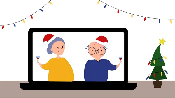 Sosyal uzaklık Noel konsepti. Büyükanneler ve büyükbabalar yeni yılı salgın sırasında video aracılığıyla kutluyorlar..