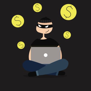 Kafkasyalı bir internet dolandırıcısının dizüstü bilgisayarlı bir çizimi. Düz dizayn. İzole edilmiş.