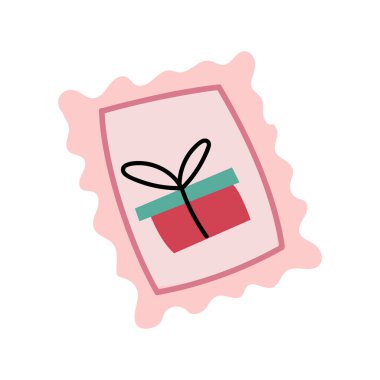 Üzerinde Noel hediyesi olan pembe bir karalama pulunun çizimi. Eğlenceli kış tatili baskısı. Beyazda izole edilmiş