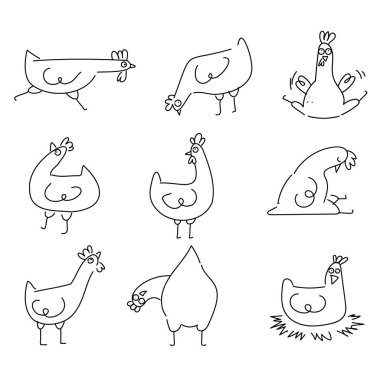 Bir dizi şirin sanat tavuğu, her biri kendi duruşu ve havasında. Doodle kuş koleksiyonu. Beyazda izole edilmiş