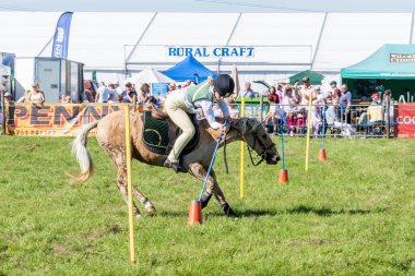 Genç bir binici ve onların midillisi yeteneklerini Frome Cheese Show 14 Eylül 2019 'daki Pony kulübü turlarından birinde gösteriyorlar.