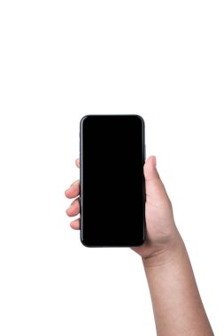 Kapalı el ele tutuşan telefon beyazda izole edilmiş..