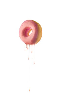 Çilek şurubuyla kaplı taze donut resimleri yağlı, izole edilmiş beyaz arka plana kadar..