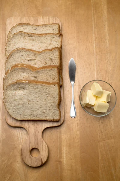 Slices Bread Butter Wooden Table — Stock Photo, Image