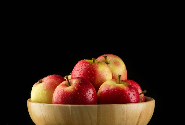 Apples Wooden Bowl Black Background — Stock Photo, Image