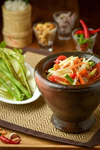 Közelkép Papaya Saláta Somtum Thai Food — Stock Fotó