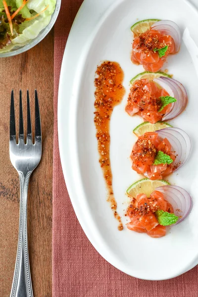 Close Thai Spicy Salmon Salad Mixed Vegetable Herb — Stock Photo, Image