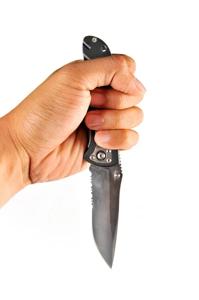 Hand is holding a kitchen knife isolated on a white background — Stock Photo, Image