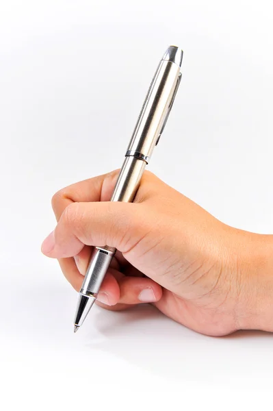 Geïsoleerde vrouwelijke hand is klaar voor het schrijven. — Stockfoto