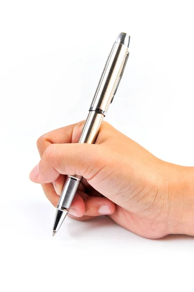 Geïsoleerde vrouwelijke hand is klaar voor het schrijven. — Stockfoto