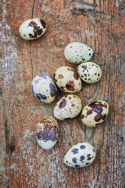 Œufs de caille sur une planche de bois — Photo