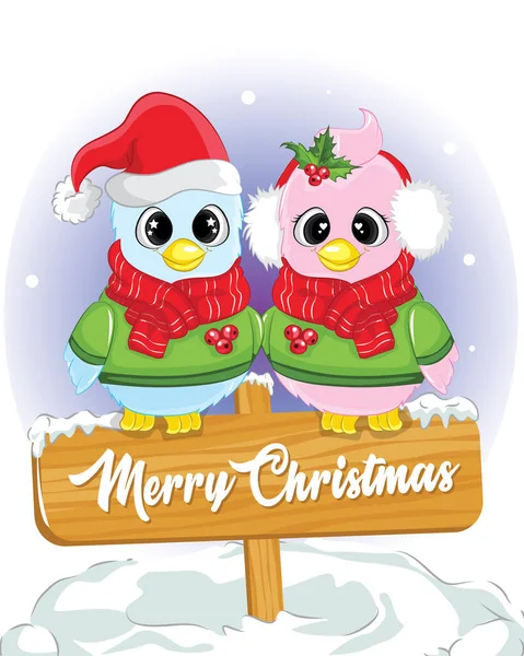 Merry Christmas Card Couple Cute Bird Poster Christmas Day — Stock Vector