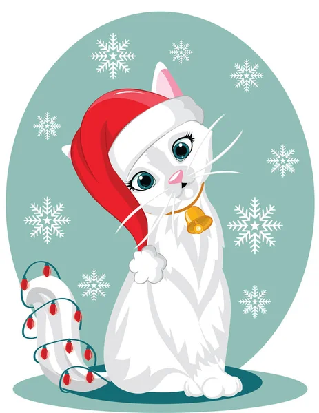 Noel Baba şapkalı bir kedi karakteri. Yılbaşı kartı için düz vektör illüstrasyonu.