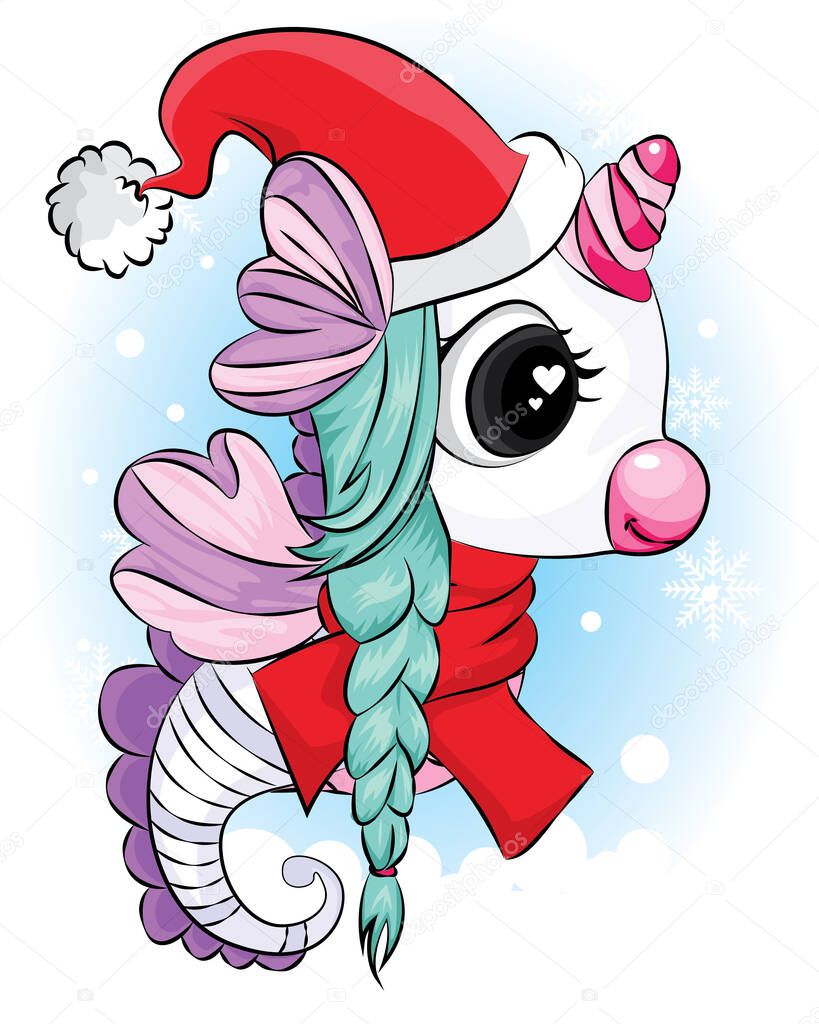 Seahorse with santa hat and scarf. christmas card illustration.