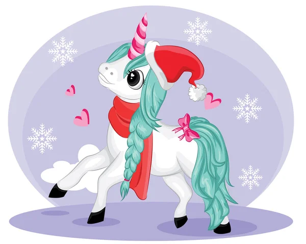 可爱的冬季魔法独角兽与圣塔帽 白色背景下孤立的矢量设计 — 图库矢量图片